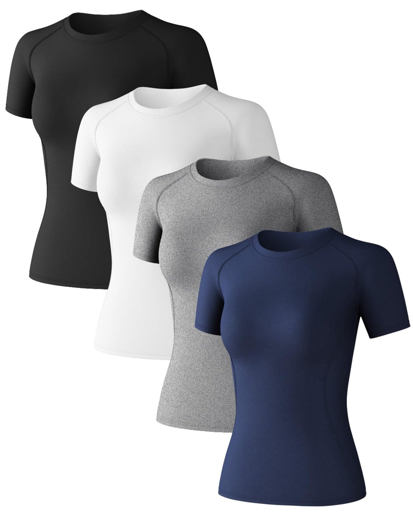Women's Compression Shirts Short Sleeve Workout Tops Moisture Wicking Athletic T-Shirts for Gym Yoga Running 4 Pack, Black+White+Dark Blue+Heather Ligth Gray, Medium