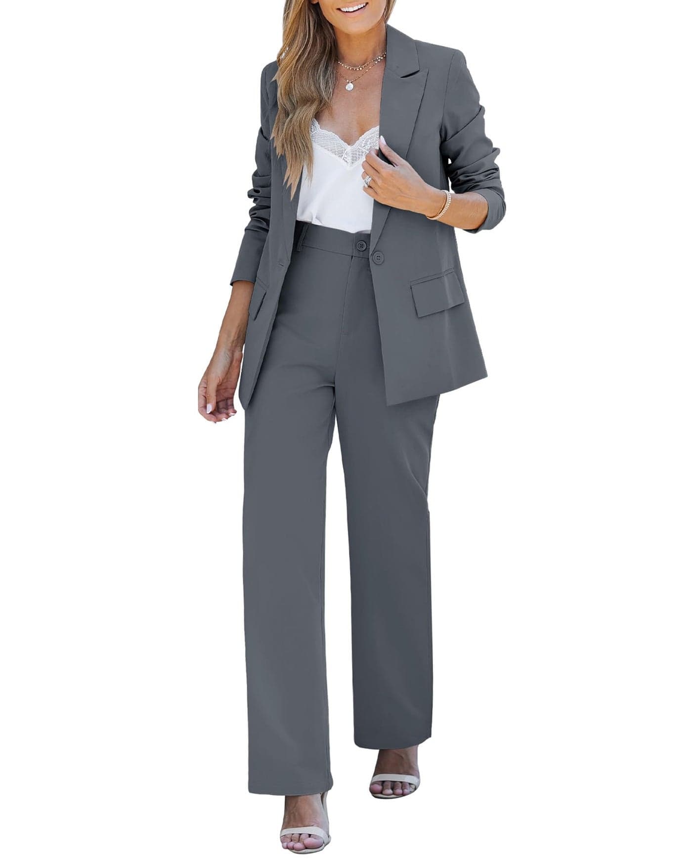 LookbookStore Womens Business Casual 2 Piece Pants Set Gray Size Large