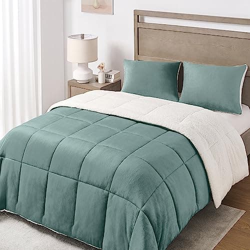 Basic Beyond Queen Comforter Set - Luxury Fleece Sherpa Comforter Sets for Queen Bed, Soft and Warm Queen Size Bedding Comforter Set for Winter, Green, 88"x88"