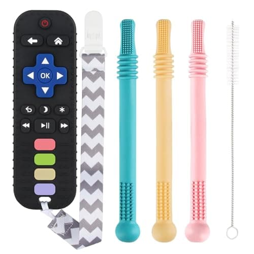 Kidology Teething Toys for Babies, Sticks and Remote Teether for Baby 0-6 6-12 12-18 Months BPA Free, with Cleaning Brush Sensory Chew Toys for Infants 0-18 Months