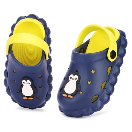 GLJ Little AngelToddler Clogs Slippers, 12 Months to 3 Years, Baby Boy, Waterproof, Lightweight, Cute Cartoon Penguin Design (Blueberry, 3 Years)