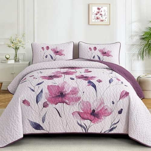 Mybedsoul Floral Quilt Set Queen Size, 3 Pieces Rose Pink Bedspread Coverlet Set, Lightweight Farmhouse Botanical Bedding Set for Fall Winter All Season(96"x90")