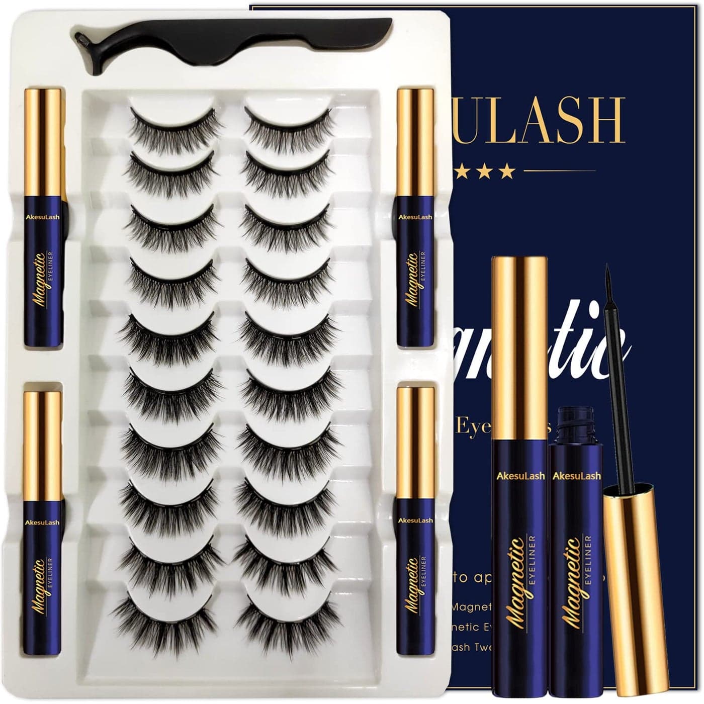 AkesuLash Magnetic Eyelashes Natural Look Magnetic Lashes with 4 Tube of Magnetic Eyeliner 10 Pairs Mangetic False Eyelashes Kit with Applicator Easy to Apply