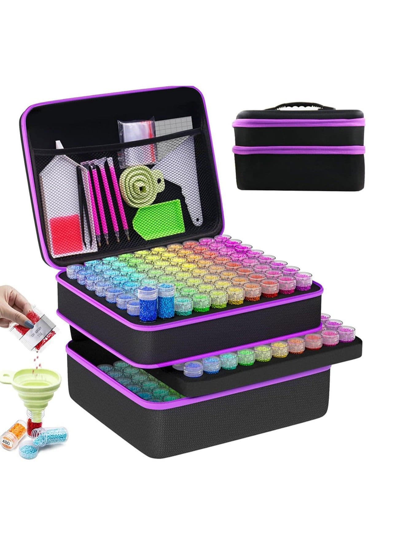 (Black Purple 240 Compartments) DIY Diamond Painting Storage Box, Transparent Plastic Diamond Embroidery Box, Shockproof Art Craft Jewelry Jewelry Storage Box, Large Capacity Tote Bag Zipper Design