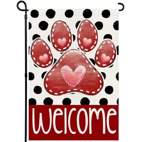 Agroon Valentines Garden Flag 12x18 Inch, Paw Print Heart Double Sided Flag for Anniversary Wedding Yard Outdoor Decoration