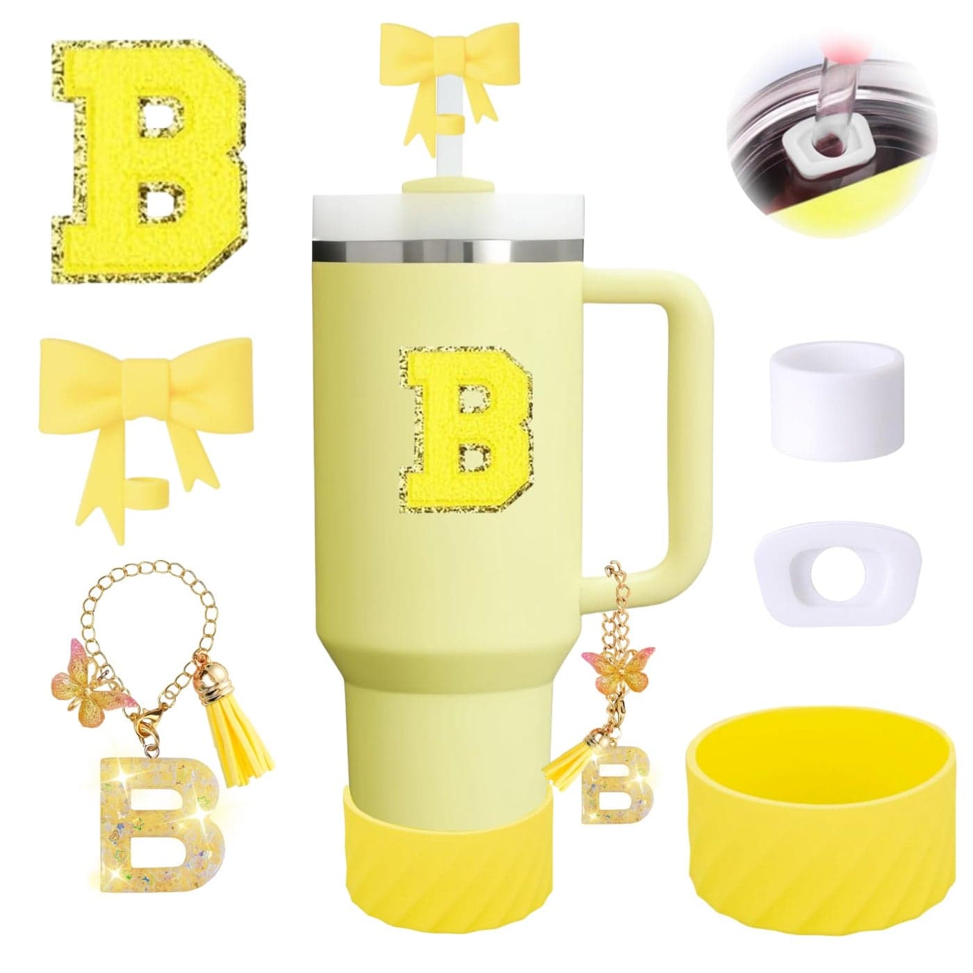 6PCS Yellow Stanley Cup Accessories Fit for Stanley 30oz40ozIncluding 10mm BowShape Straw TopperPersonalized Initials StickerSpillProof StopperSparkly Silicone BootHandle Charm Letter B