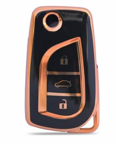 CLOUDSALE TPU Car Key Cover Compatible with Toyota Corolla Altis Innova Crysta 3 Button Flip Key Cover (Gold/Black)
