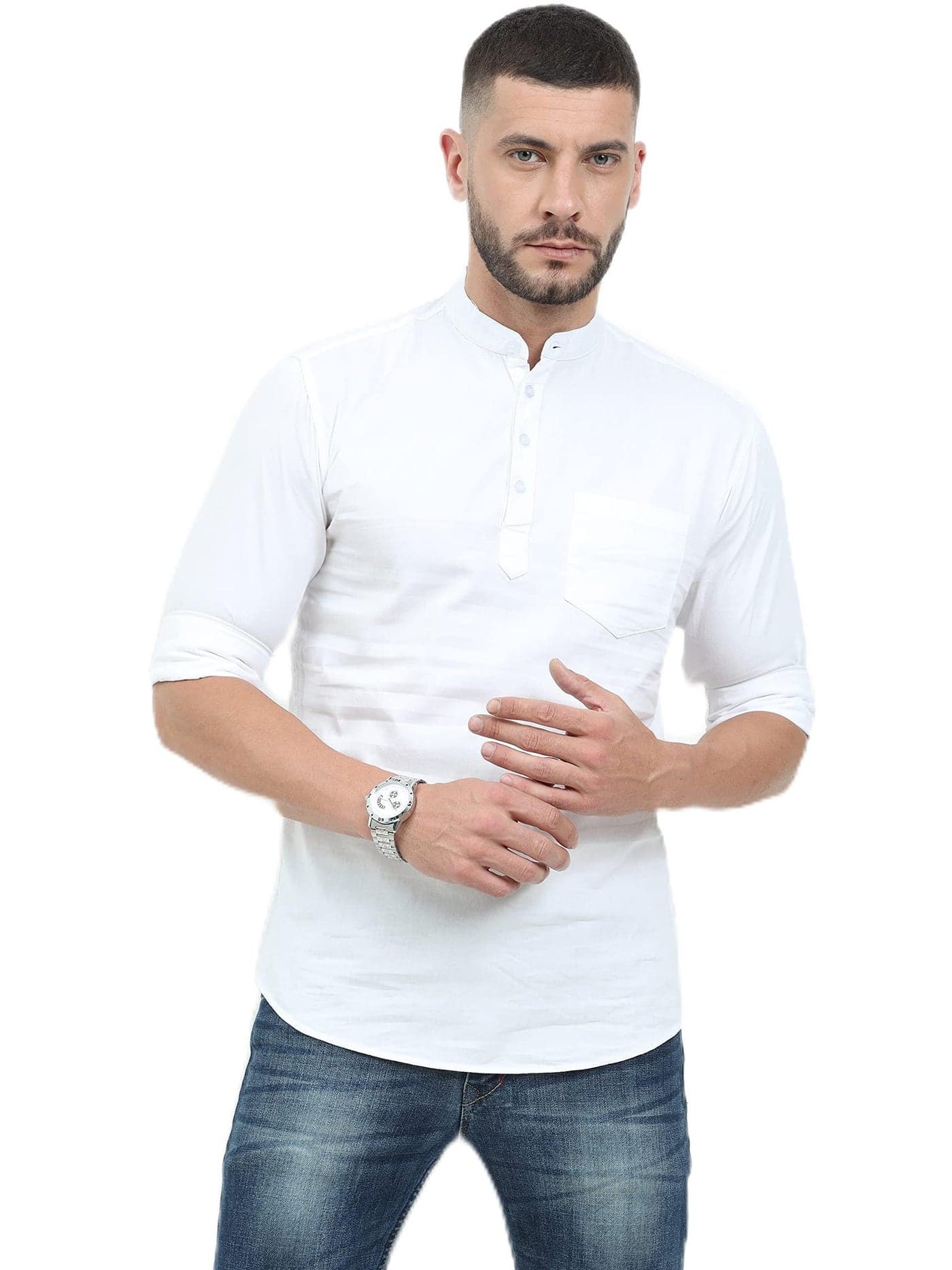 Miraan Men's Casual Cotton Short Kurta Shirt with Mandarin Collar (SIGSHORTKURTAWHITEXXXL, XXX-Large, White), Regular Fit