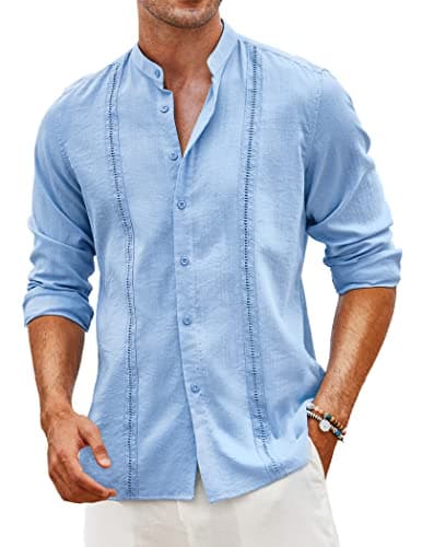 COOFANDY Hawaiian Shirt for Men Linen Shirts Beach Shirts Causal Shirts for Men Big and Tall Light Blue