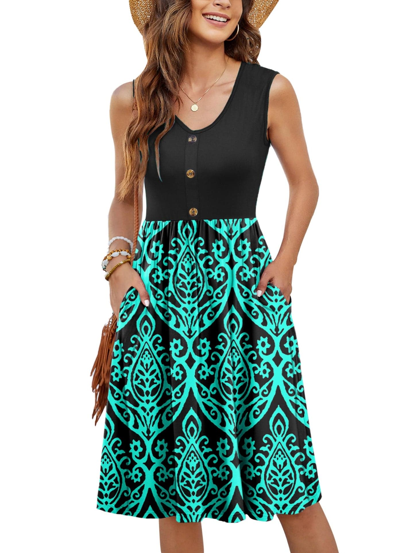 MOLERANI Women Summer Dresses Sleeveless Casual Loose Swing Button Down Midi Sundress with Pockets,Black Green,L