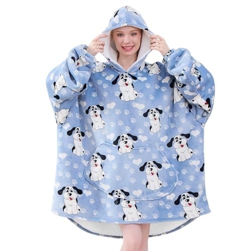 Wearable Blanket Hoodie, Oversized Hooded Blanket for Adult Women Men with Pocket and Sleeves Animal Blue Dog