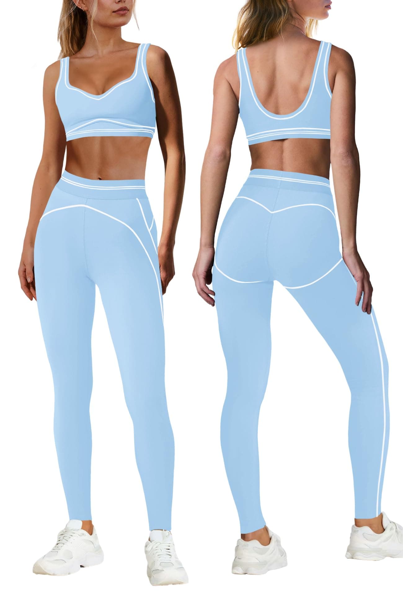 Nirovien Womens 2 Piece Workout Sets Athletic Yoga Sets Pilates Gym Outfits Butt Lifting Leggings and Sports Bra(Light Blue,M)