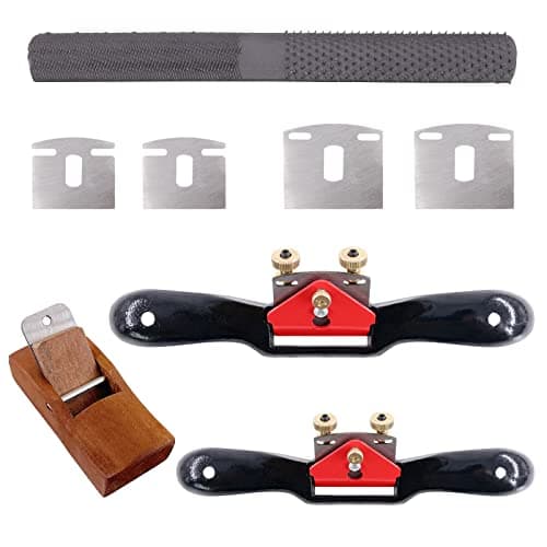 Glarks Adjustable Spokeshave Set 2pcs with Replacement Blades Woodworking Plane 4Way Rasp File G2657 Metal Brass Red Black Silver