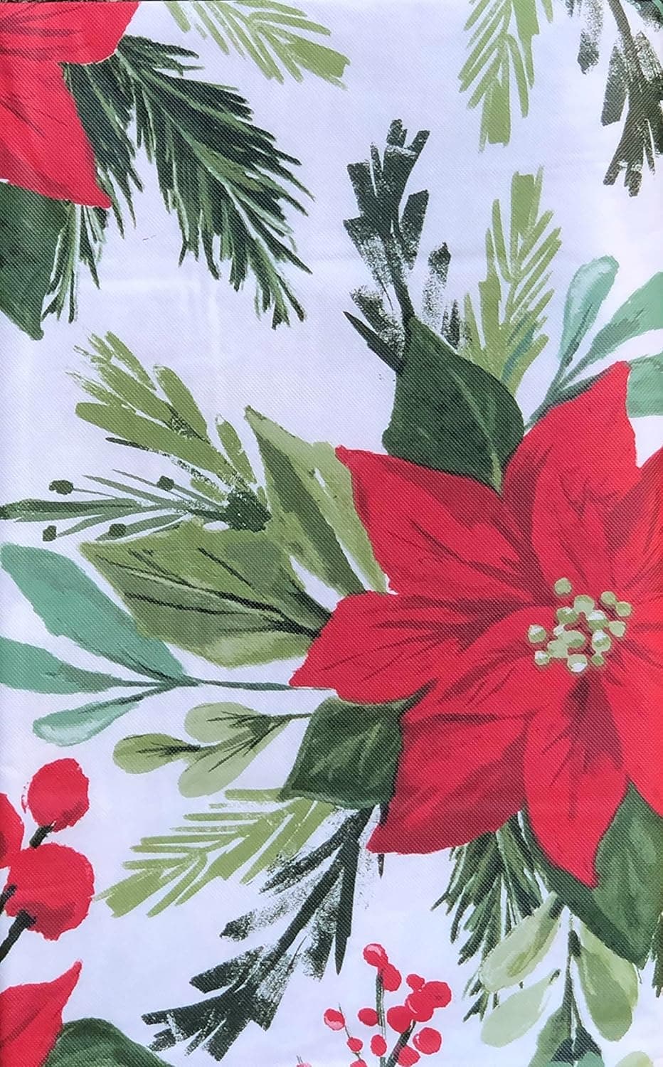 Elrene Home Fashions Seasons Greetings Red Poinsettias Among Christmas Tree Trimmings Holly and Berries Flannel Backed Vinyl Tablecloth 52 x 102 Oblong