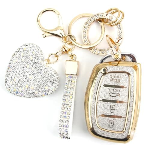 YIKECASE Key Fob Cover with Diamond Keychain Fit for Hyundai Car Key Holder Case Compatible with Elantra Ioniq Sonata Tucson Elantra GT Smart Remote Key Protector for Women 4 Buttons WhiteHeart
