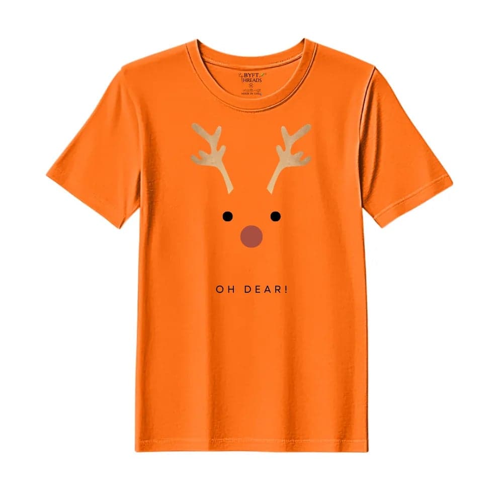 BYFT Threads Large Orange Polycotton T-Shirt - Christmas "Oh dear" Printed Design, Premium Holiday Collection