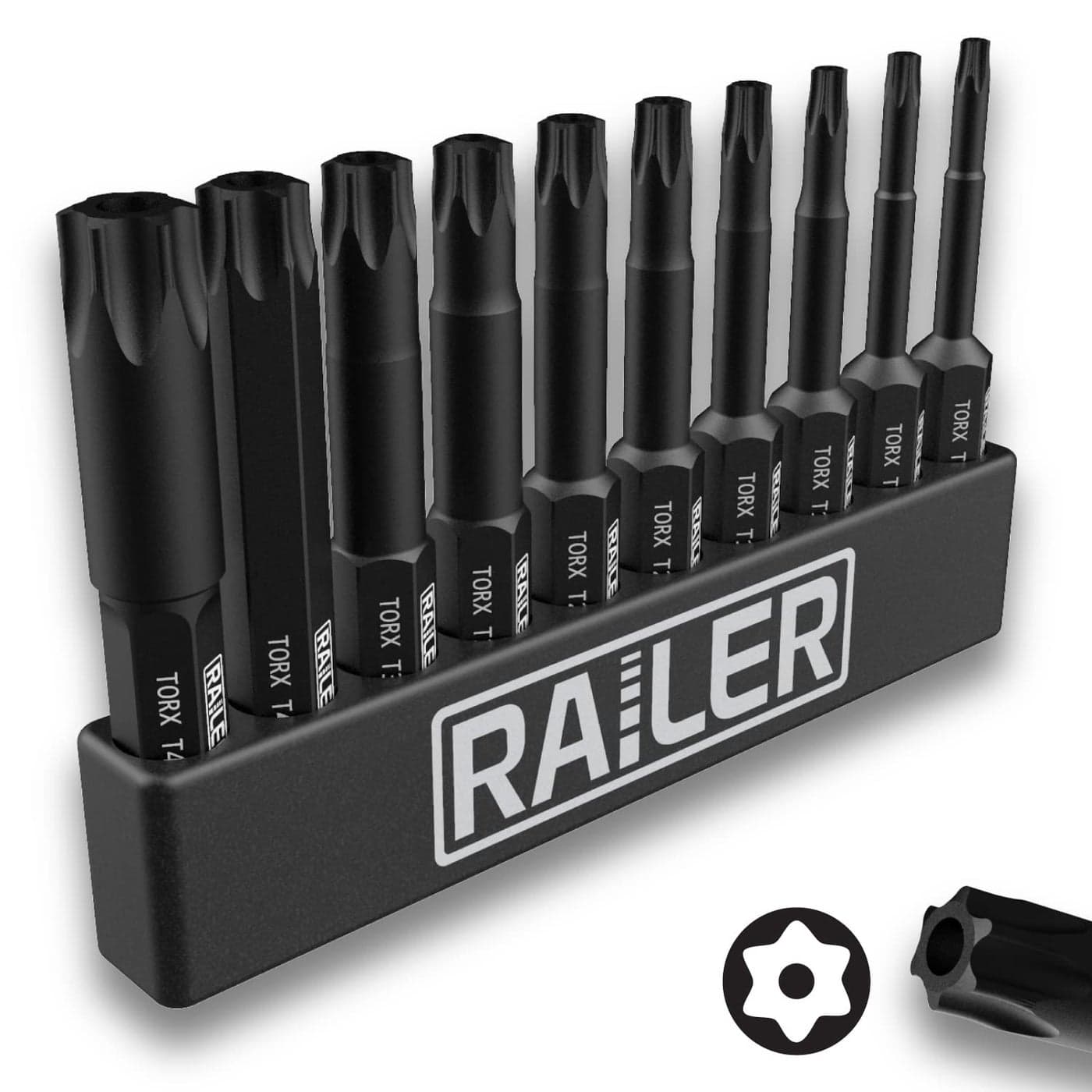 Tamper Proof TORX Bit Set Railer 10Piece 6 Point TORX Security Screwdriver Bit Set S2 Steel Impact Driver 2 Star Bit Set T8 T9 T10 T15 T20 T25 T27 T30 T40 T45