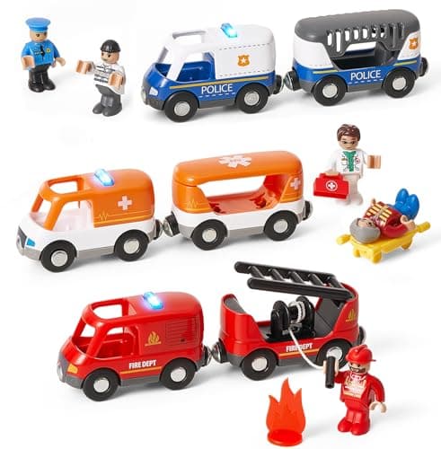 Giant bean 6pcs Magnetic Rescue Train Car Set with Sound Light 3 in1 Police Fire Ambulance Emergency Vehicles Magnetic Coupling with Action Figures Accessories STEM Play Toy for Kids 3