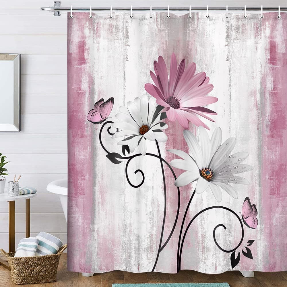 VeiVian Rustic Farmhouse Shower Curtain Farm Pink Daisy Floral Flowers and Butterfly on Country Wooden Shower Curtain for Bathroom Pink Grey Bathroom Shower Curtains with 12PCS Hooks 70X70IN