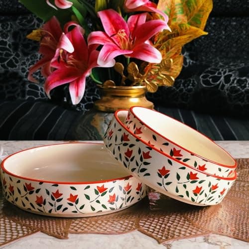 Niyara Stoneware Handmade Ceramic Stylish Premium Serving Bowls/Salad Tray Microwave Dishwasher Safe (Red Leaf Salad Bowl Set of 3)