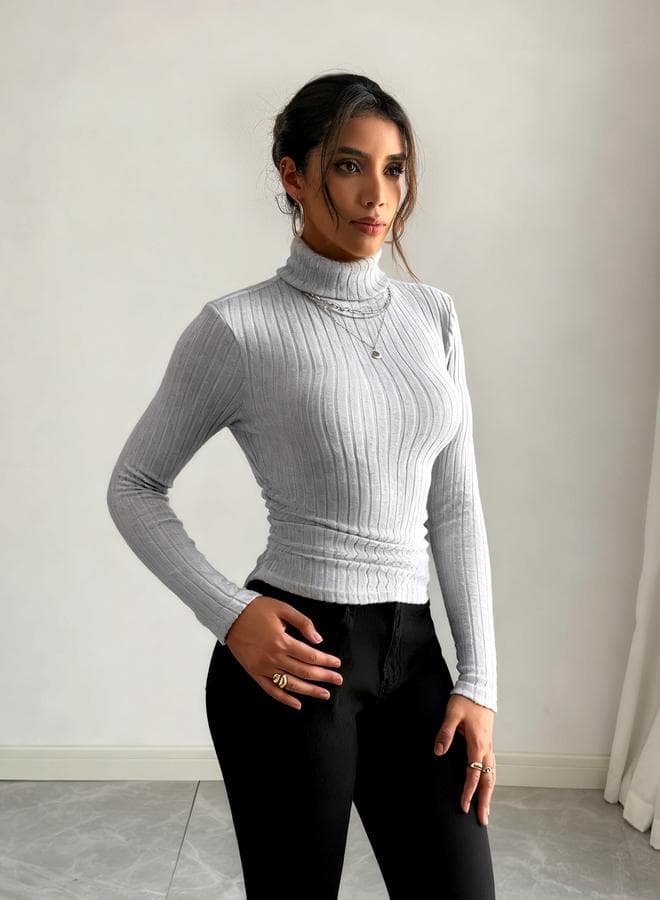 Women Grey Ribbed Turtleneck Top