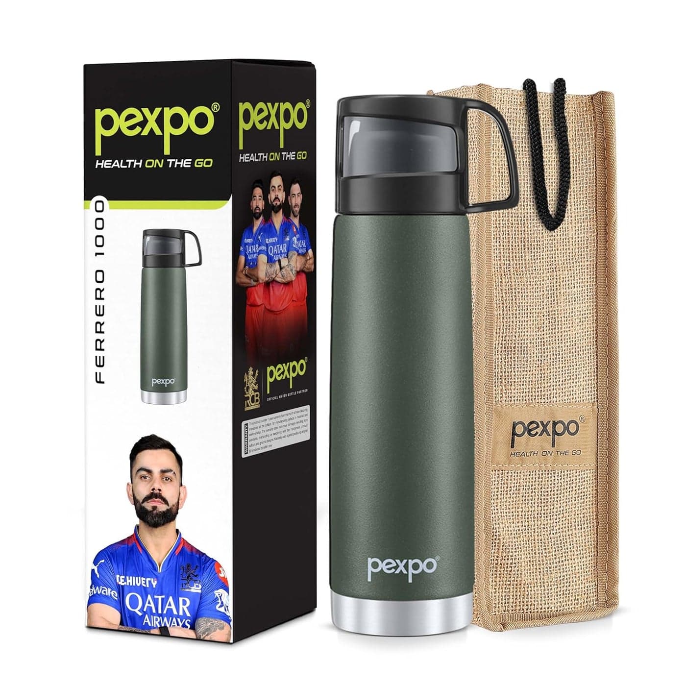 Pexpo Fererro Pro ISI CertifiedVacuum Insulated Hot Cold Stainless Steel FlaskJute Bag 1000ml Military Green Steel BottleThermoflaskTravellingSchool TrekkingOffice RCB Edition