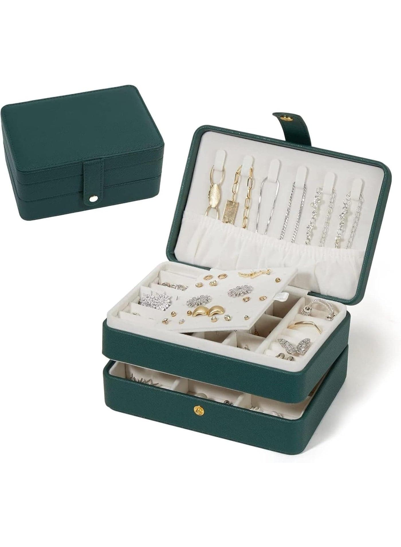 Small Jewelry Organizer Box for Women, 2-Layer PU Leather Travel Jewelry Case with Compartments for Rings, Earrings, Necklaces, Bracelets, Portable Storage Gift Box, Green