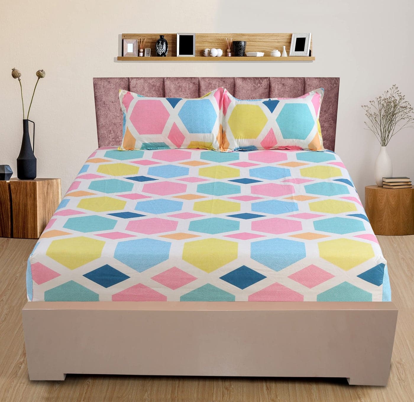 Nendle Cotton 210TC Double Bedsheet Queen Size 78x60 Inches with Elastic Fitting with 2 Pillow Covers (Fits Upto Mattress of 12 Inches, Multicolor)