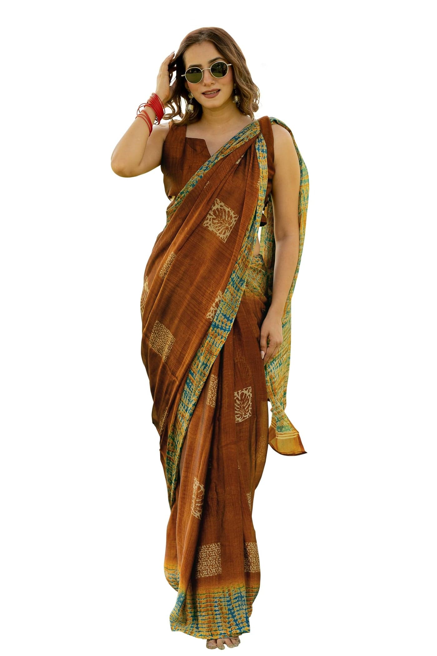MIRCHI FASHION Chiffon Georgette Shibori Blocks Printed Sarees for Women with Blouse Piece (N41734 - Dark Rust, Beige, Rama Blue)