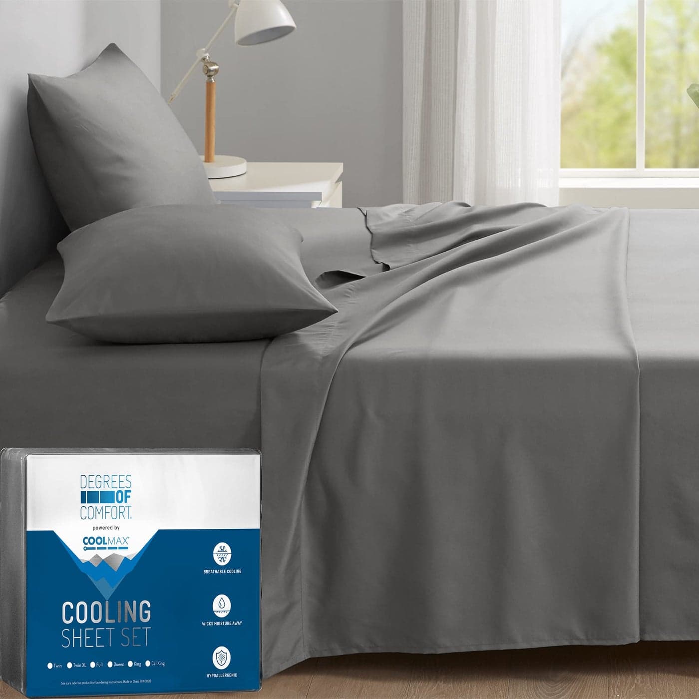 Degrees of Comfort Coolmax King Size Sheets Set 4 Pieces Hotel Luxury Cooling Bed Sheet for Hot Sleepers Super Soft 14 Inch Deep Pocket Grey