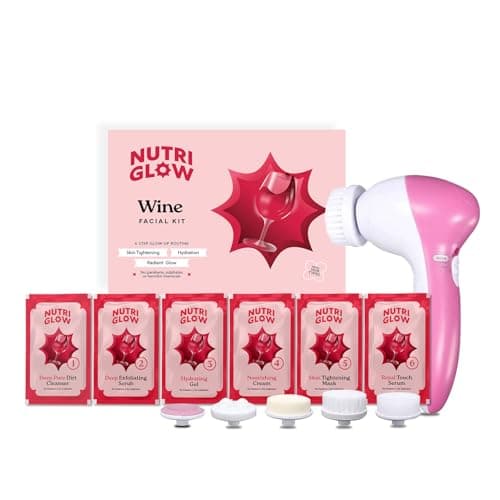 NutriGlow NATURAL'S Advanced Pro Formula Facial Kit for Blemish Free Fairer Complexion (60gm) with 5 in 1 Rotating Face Massager (Wine Facial Kit & Face Massager)