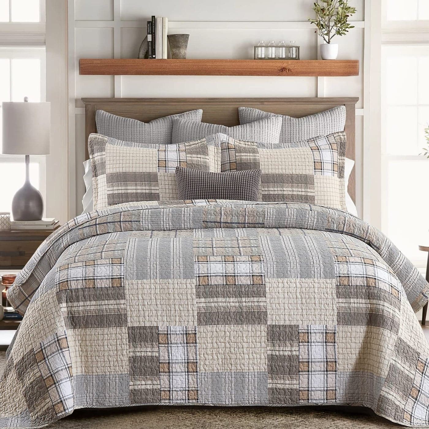 SahSahCasa Quilt Queen Size Queen Quilt Set 100 Cotton Queen Quilt Bedding Set Bedspreads Farmhouse Patchwork Reversible Plaid Lightweight Quilts Bedspread for Queen Bed BeigeGreyTan
