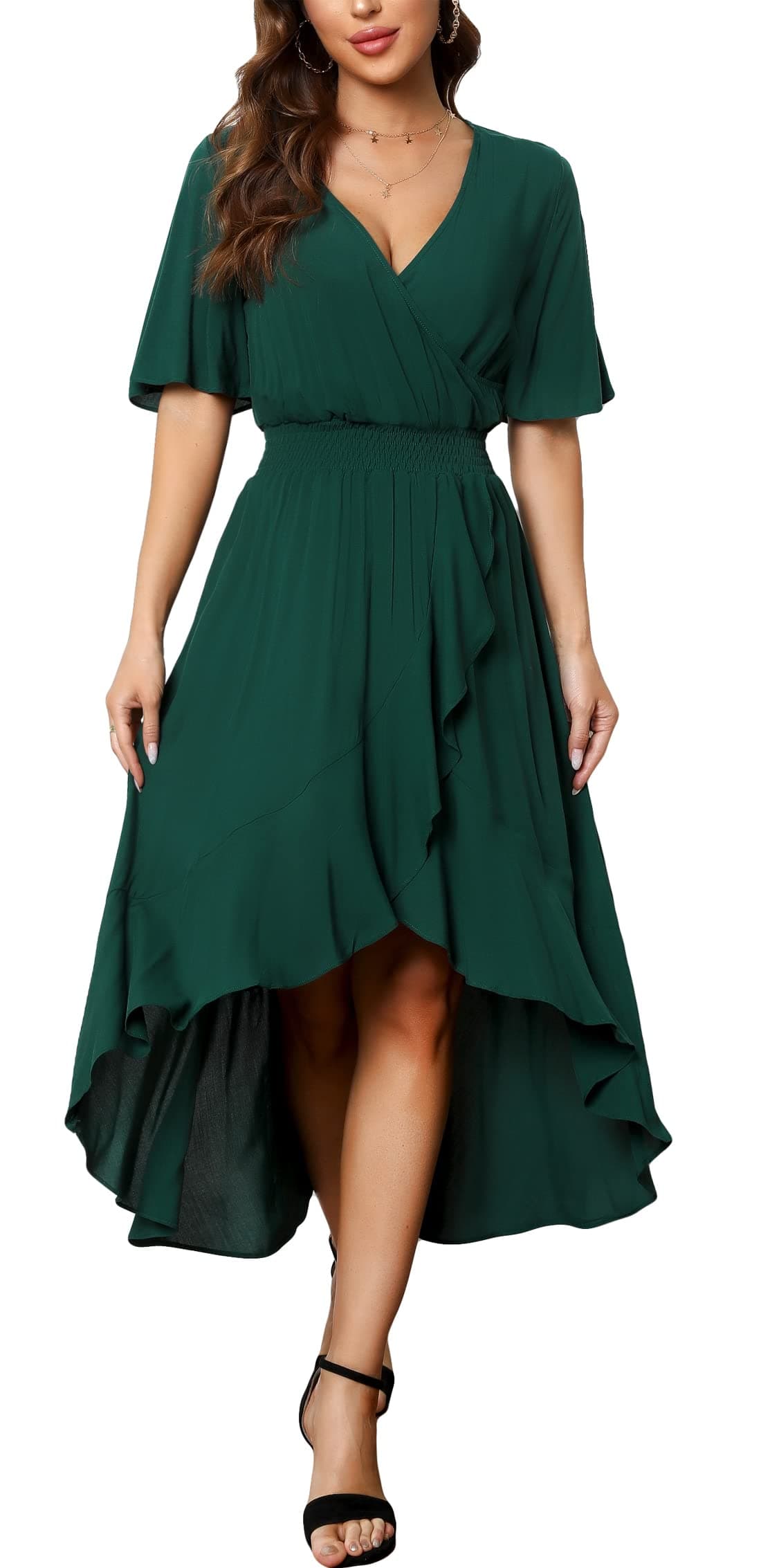 Kormei Women Short Sleeve V Neck Floral High Low Flowy Summer Party Long Maxi Dress L Green1