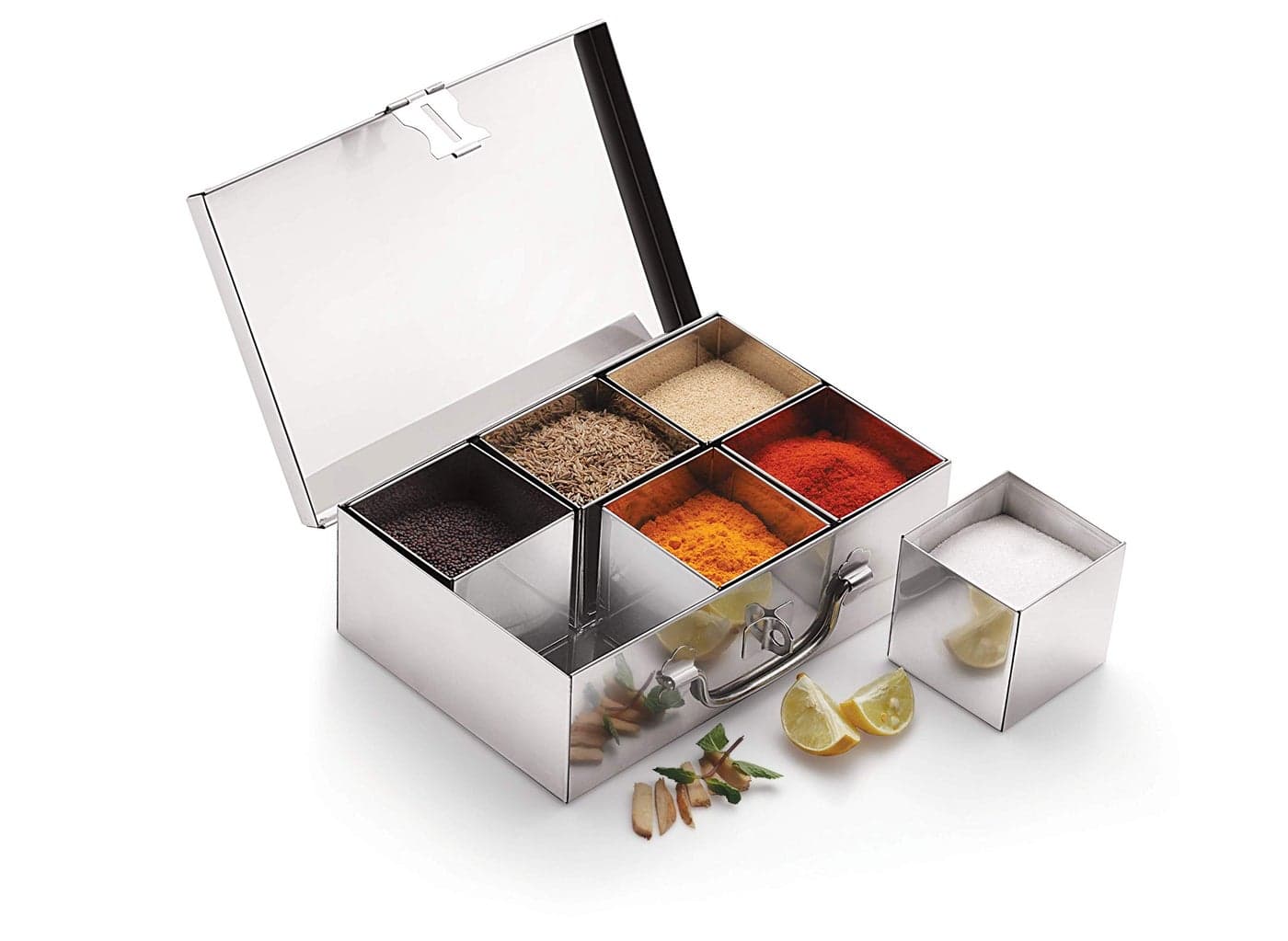 Komal Stainless Steel Masala box for Kitchen | Spice Box | Spice Organiser | Masala Daani | Sqaure Masala Dabba with 6 Containers| Silver
