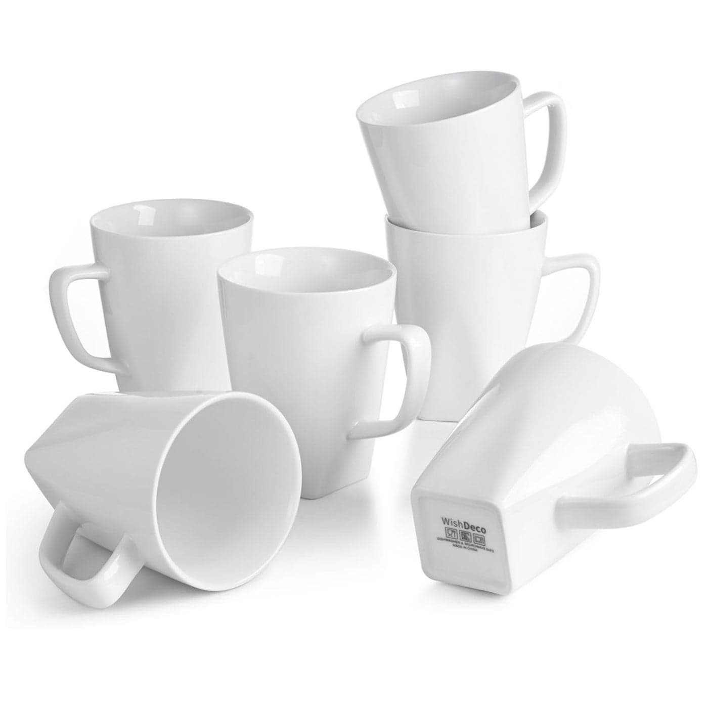 WishDeco Coffee Mugs Set of 6 White Mugs with Handle 14oz Porcelain Coffee Cups Ceramic Tea Cups Large Mugs for Latte Cappuccino Milk Juice Cocoa Square Bottom