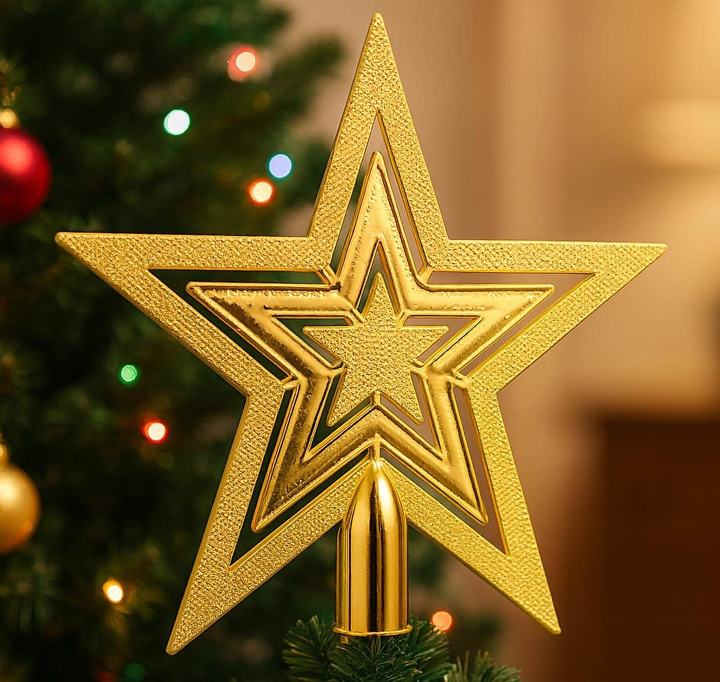 PANCA Golden Merry Christmas Star Topper for Xmas Tree | Glitter Star Christmas Tree Decoration Ornament | Festive Home Décor Props & Gifts for Women, Men & Kids | Holiday Party Decoration Item