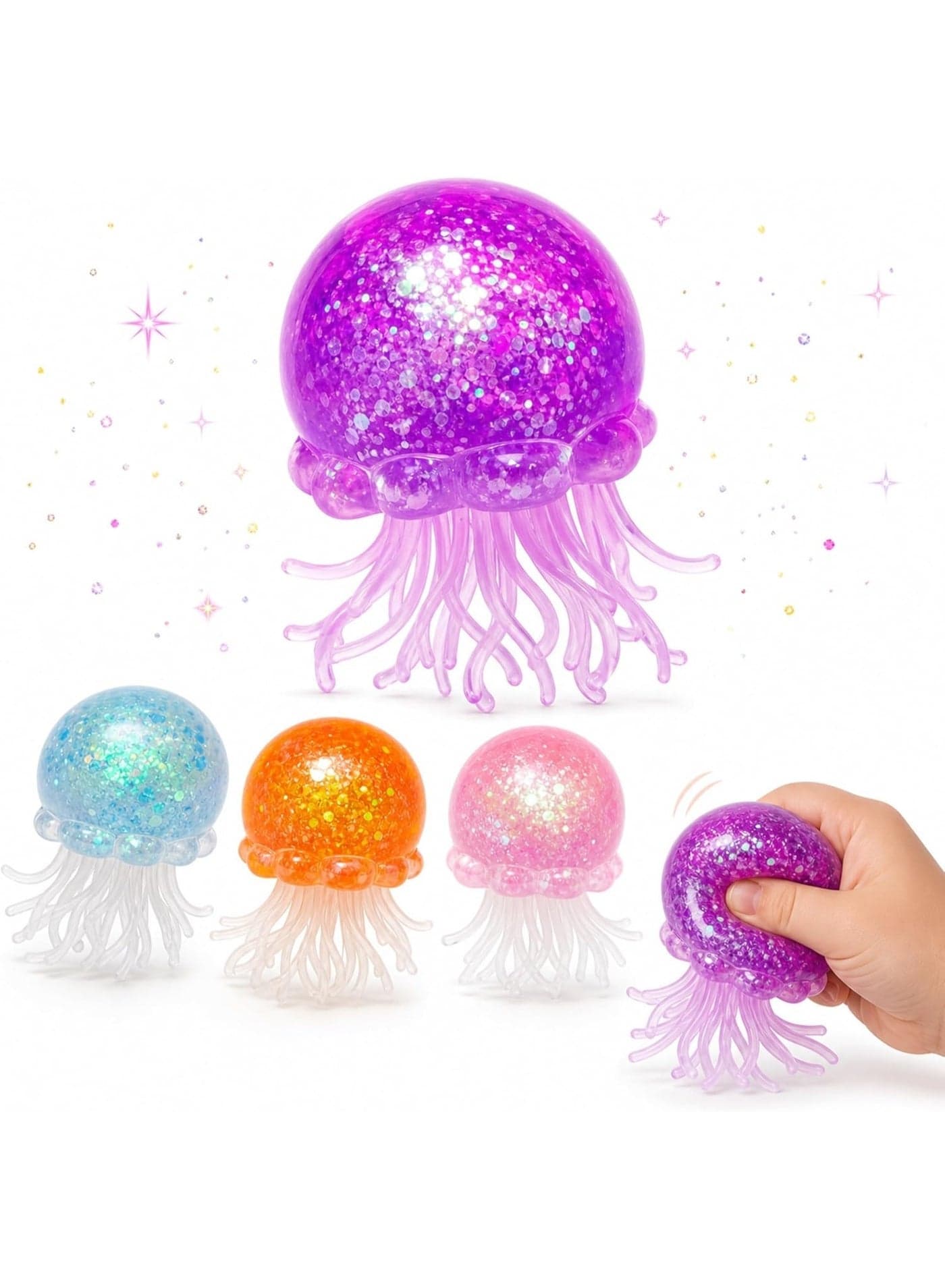 Glitter Jellyfish Squishy Fidget Toy – Super Solid Squish Stress Ball for Kids & Adults, Sensory Anxiety Relief Toy with Wiggly Tentacles, 2.1 Inch, 1 Pcs (Purple)