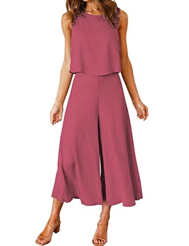 ROYLAMP Women's Summer 2 Piece Outfits Round Neck Crop Top Cropped Wide Leg Pants Set Travel Jumpsuits Dark Fuchsia S