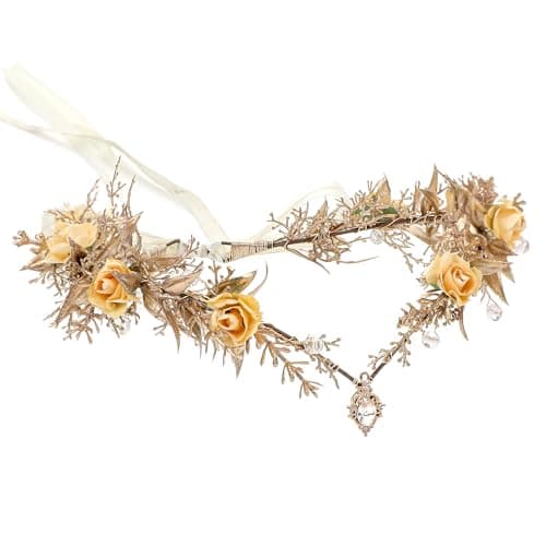 MOSTORY Gold Fairy Flower Crown Floral Elf Crowns Headpiece for Renaissance Accessories Women Elven Woodland Circlet for Forest Cosplay Fairycore Outfit Renfaire Halloween