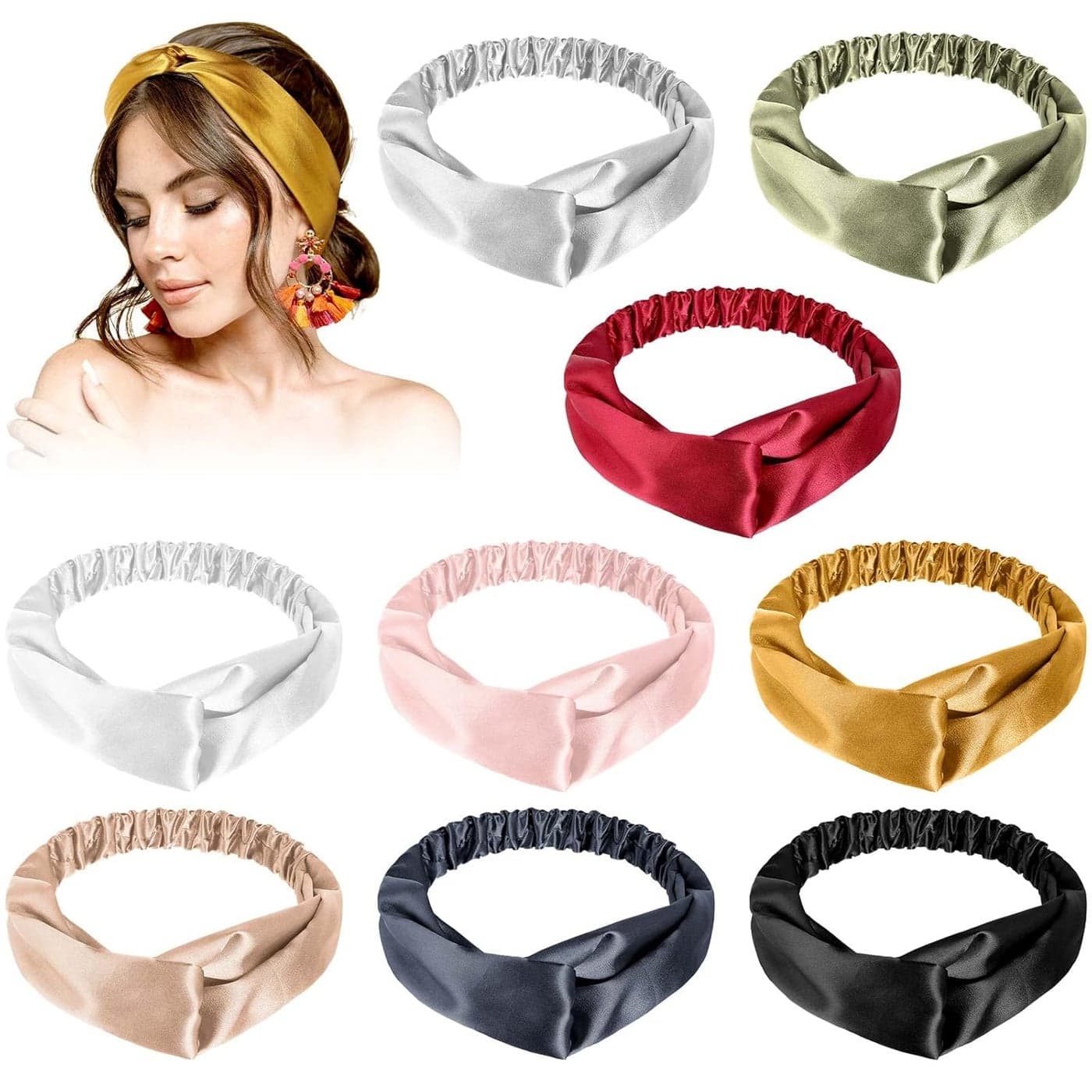 MTLEE 9 Pieces Elastic Hair Wraps and Adjustable Satin Headbands Twisted Turban Band for Face Washing Women and Girls Hair Accessory 9 Colors