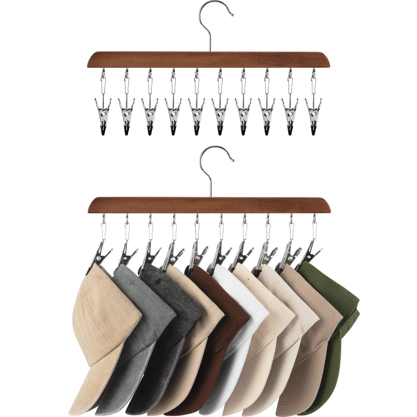 StorageWorks Hat Rack Closet Organizer and Storage for Baseball CapsSet of 2 with 10 Adjustable Stainless Steel Clips Fits All Caps Natural Walnut Color