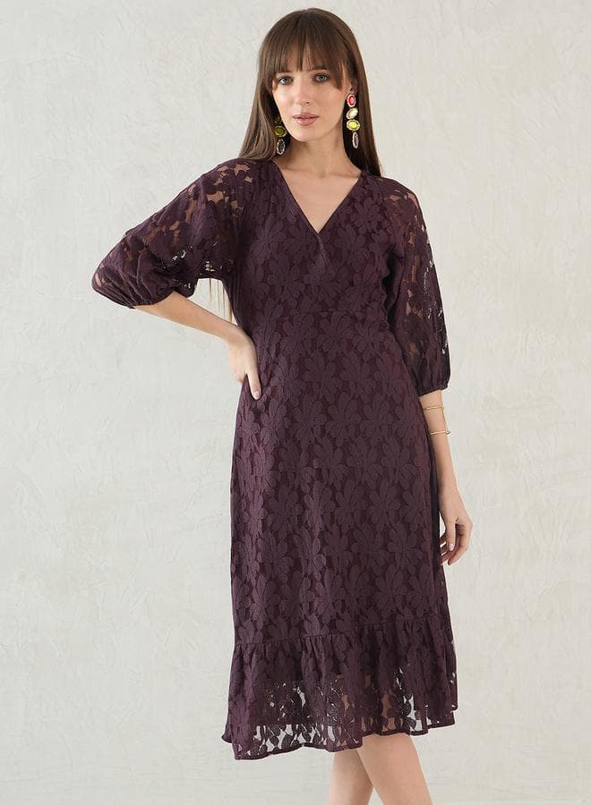 Purple Lace Wrap Front Midi Dress