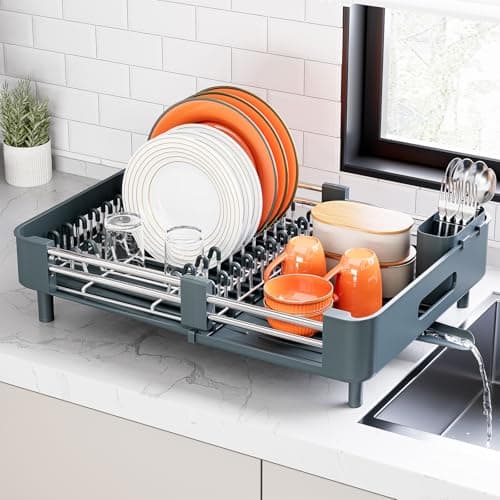 Urackify Stainless Steel Dish Drying Rack - Dish Drainer for Kitchen Counter, Extendable Drainboard with Foldable, Space-Saving Cup & Bowl Organizer, Includes Knife and Utensil Holder, Matte-Green