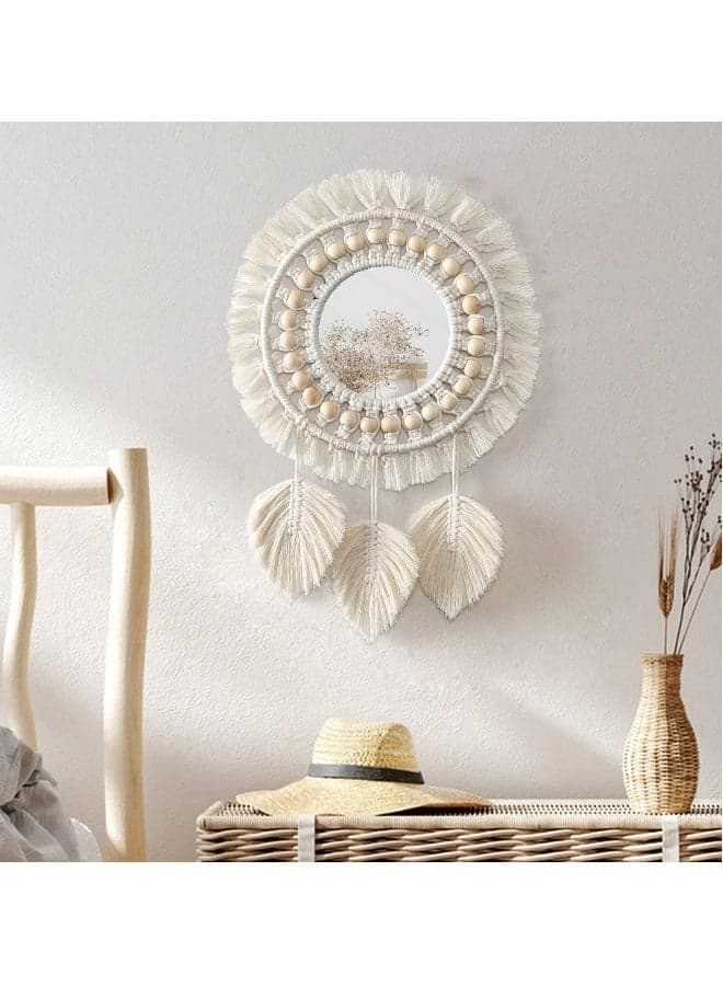 Boho Macrame Fringe Round Wall Mirror with Wood Beads and Feather Pendant, Decorative Art for Home and Bedroom Living Room Decoration and Gift