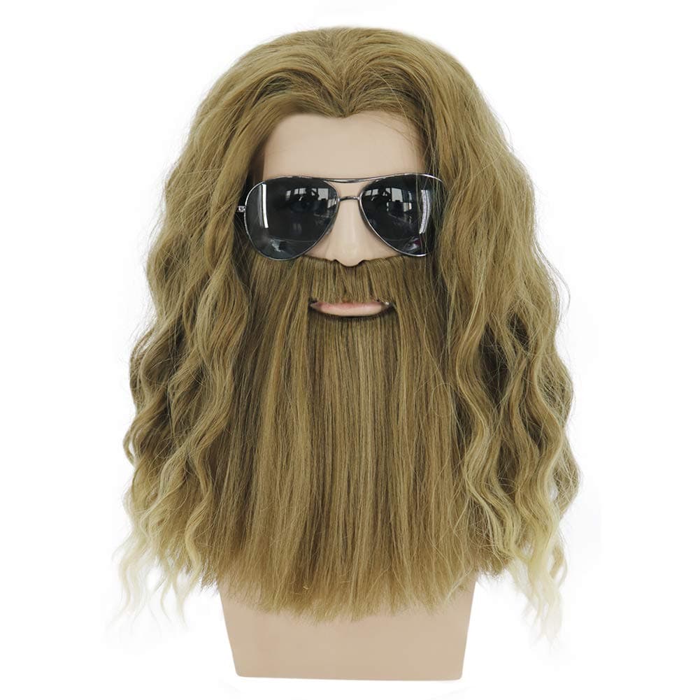 BERON Long Curly Blonde Brown Mens Wigs With Mustache Halloween Cosplay Costume Party Wig False Beard