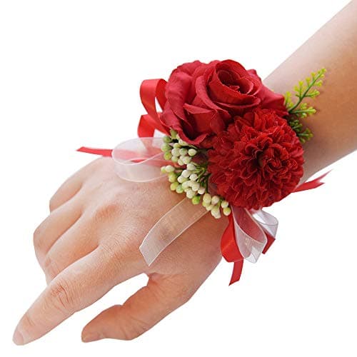 Latious Wedding Bride Rose Wrist Corsage Red Bridesmaids Wrist Flower Flowergirl Hand Floral Decor Bridal Prom Party Accessories for Women and Girls ARed