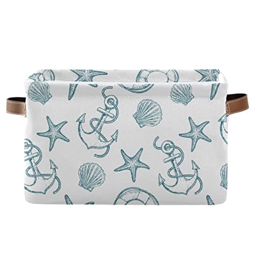 Coastal Anchor Nautical Theme Storage Basket Fabric Laundry Baskets Starfish Summer Beach Storage Boxes Organizer Bag for Baby Cloth Dog Toy Book Storage Cubes Shelf Closet Bins 16x12x8 Inches