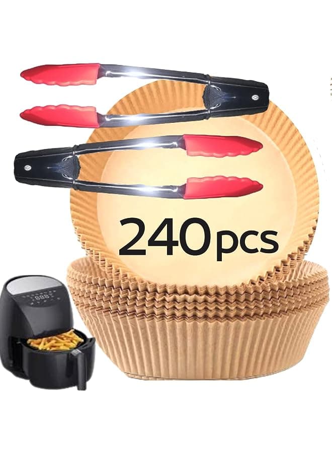 Fryer Disposable Paper Liners (240-Pack & 2-Tongs) Round Non-stick Air Fryer Plates, Prime Oil Resistant, Waterproof, Parchment Paper Cooking Paper For Fryers Basket Frying Pan 6.3in/16cm (240)