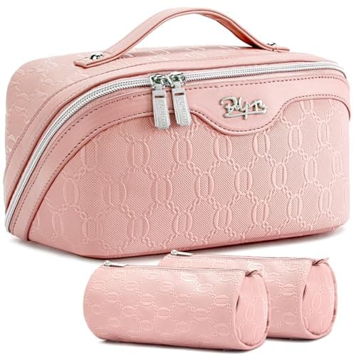 BOYATU Travel Makeup Bag for Women: Cosmetic Organizer Bag with Compartments - Leather Make up Bags Set of 3 (G-3-Pink)