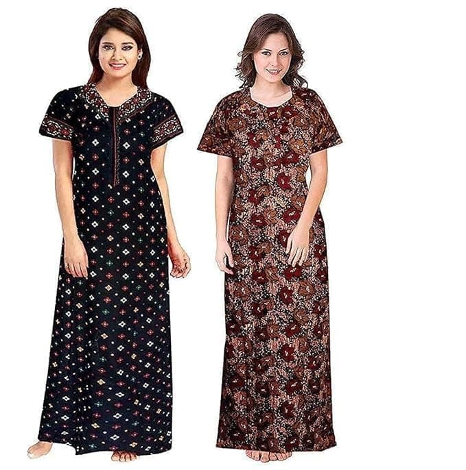 XAKALAKA Women's Cotton Nightgown – Pack of 2 Printed Maxi Nighties | Ankle-Length Night Dress | Free Size Cotton Sleepwear for Women (Blue&Brown, Free Size)